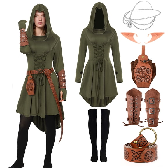 IROOZIGOTO Womens Medieval Renaissance Dress 7 Piece Costume Set Olive Green Hooded Long Sleeve Lace Up Asymmetric Hem with Faux Leather Accessories for Halloween Cosplay LARP Themed Party