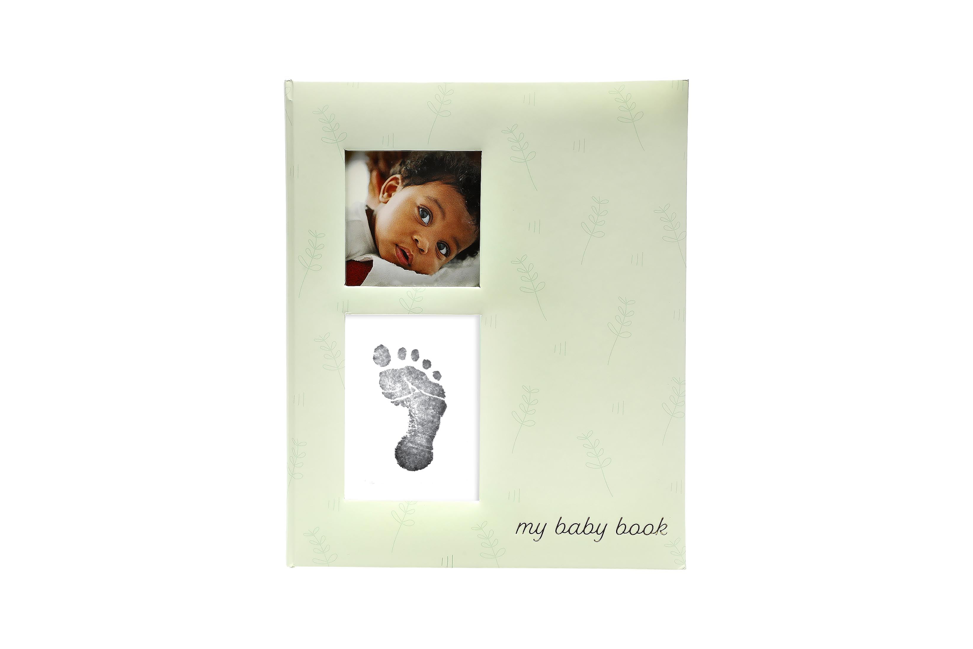Pearhead Baby Memory Book and Clean-Touch Ink Pad, Baby Girl or Baby Boy Journal, Baby Milestone Photo Album, Sage Green Leaves
