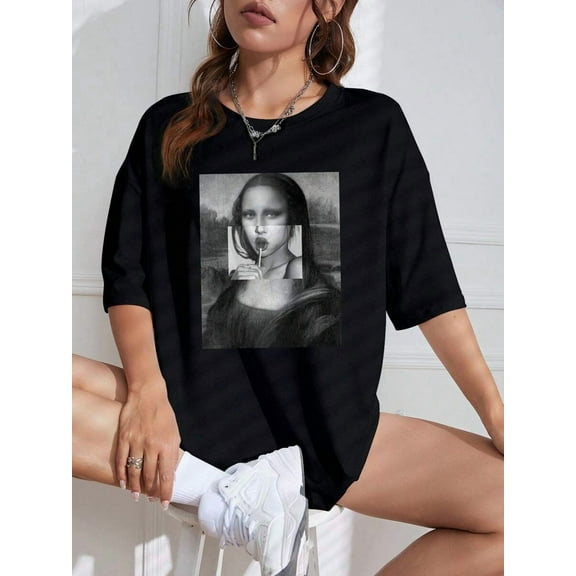 Mona Lisa Print Drop Shoulder Tee Graphic Tees Women Tops