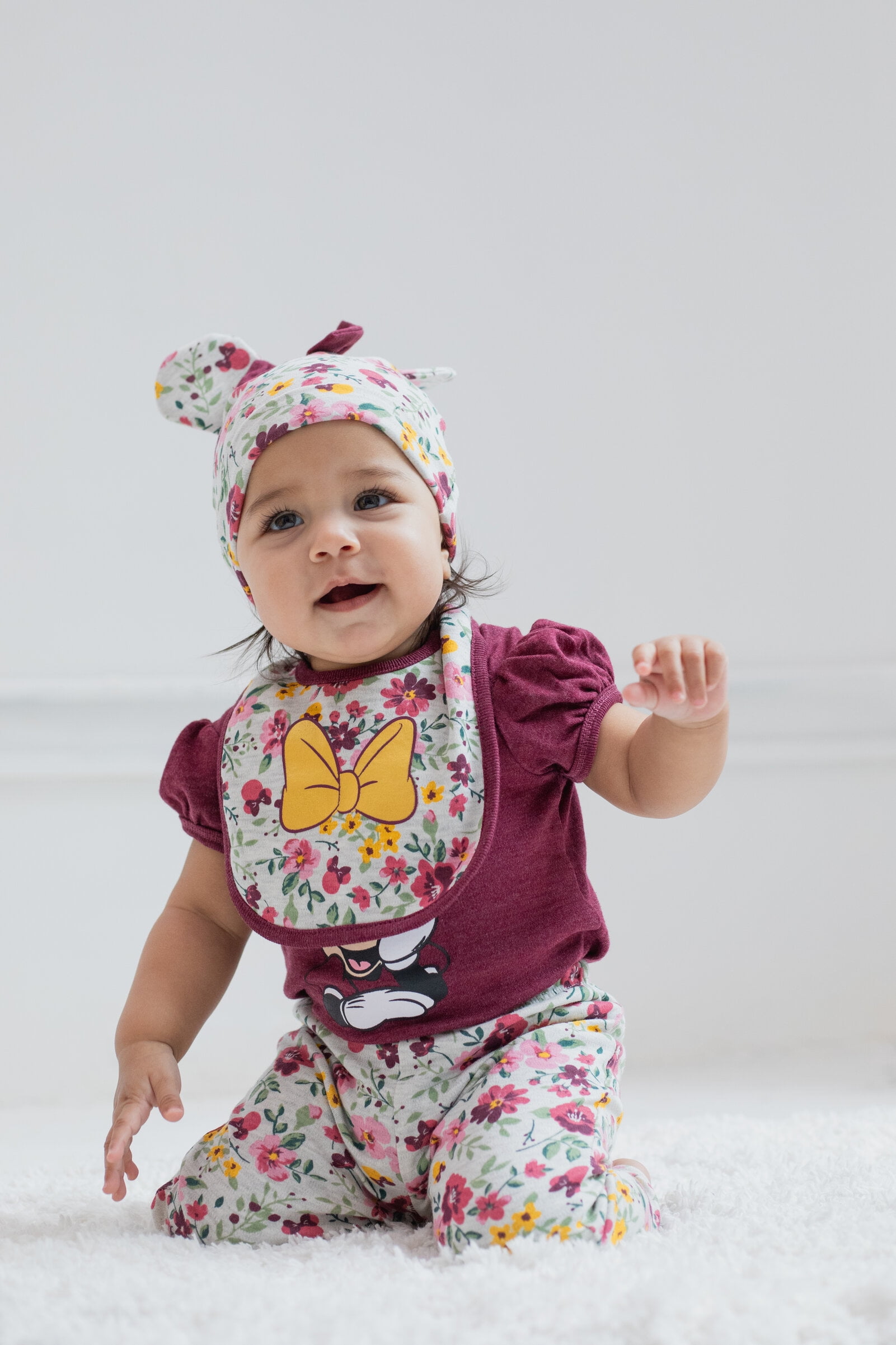 Disney Minnie Mouse Newborn Baby Girls Bodysuit Pants Bib and Hat 4 Piece Outfit Set Newborn to Infant