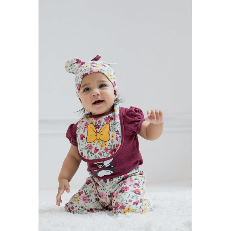 Disney Minnie Mouse Newborn Baby Girls Bodysuit Pants Bib and Hat 4 Piece Outfit Set Newborn to Infant