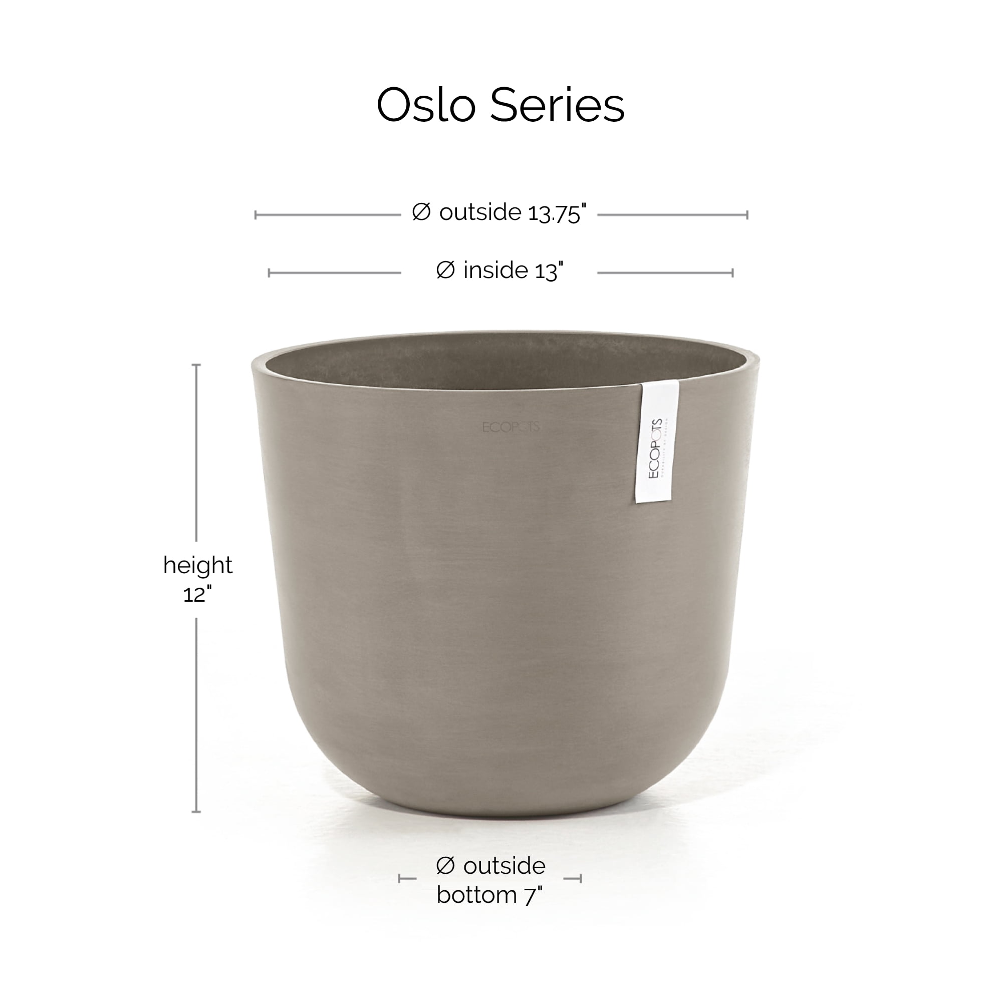 Ecopots Oslo Durable Modern Round Indoor/Outdoor Recycled Based Composite Flower Pot Planter, Taupe, 14"