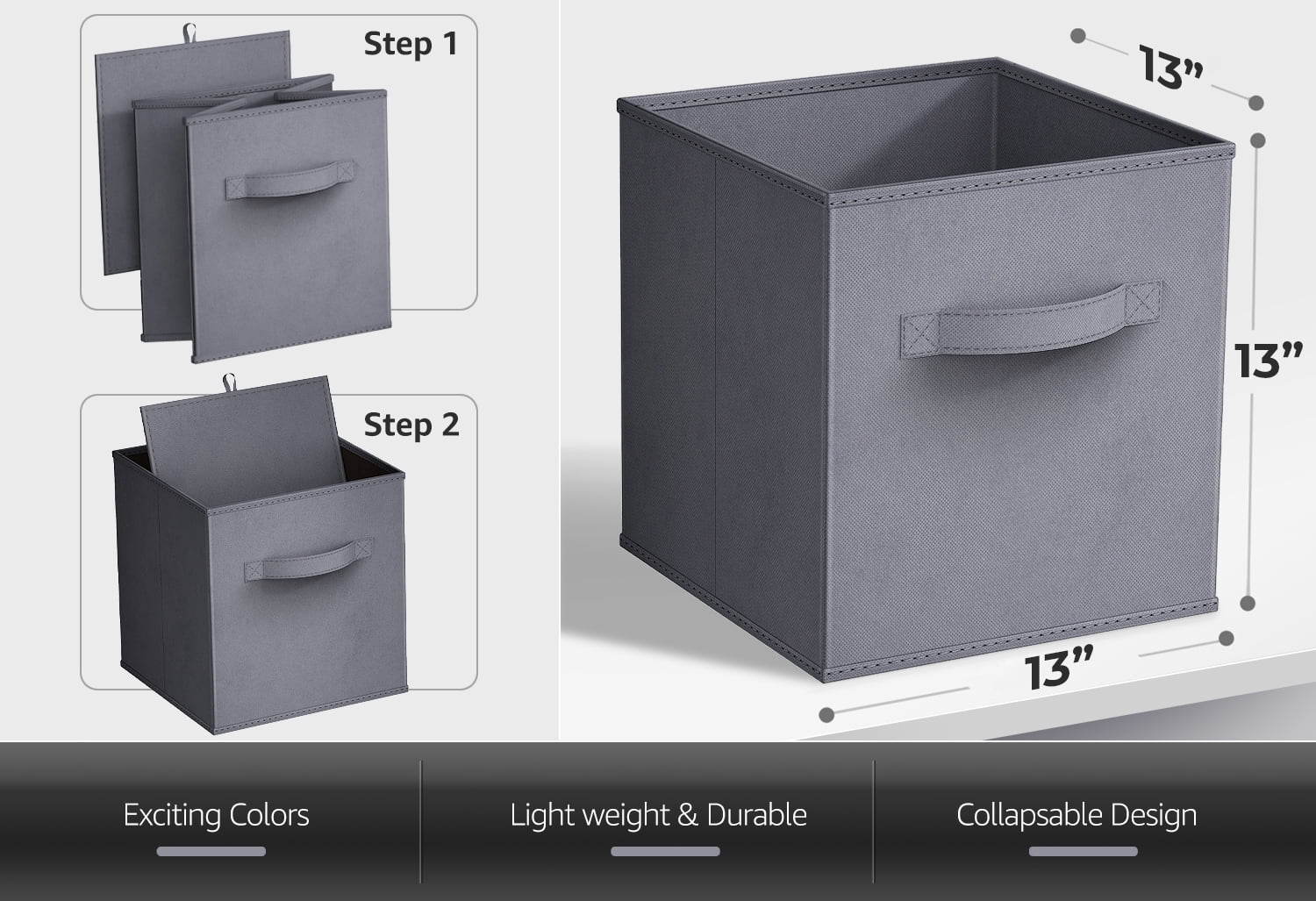 Sorbus 13" Foldable Fabric Storage Cube Bin, Gray (2 pack)