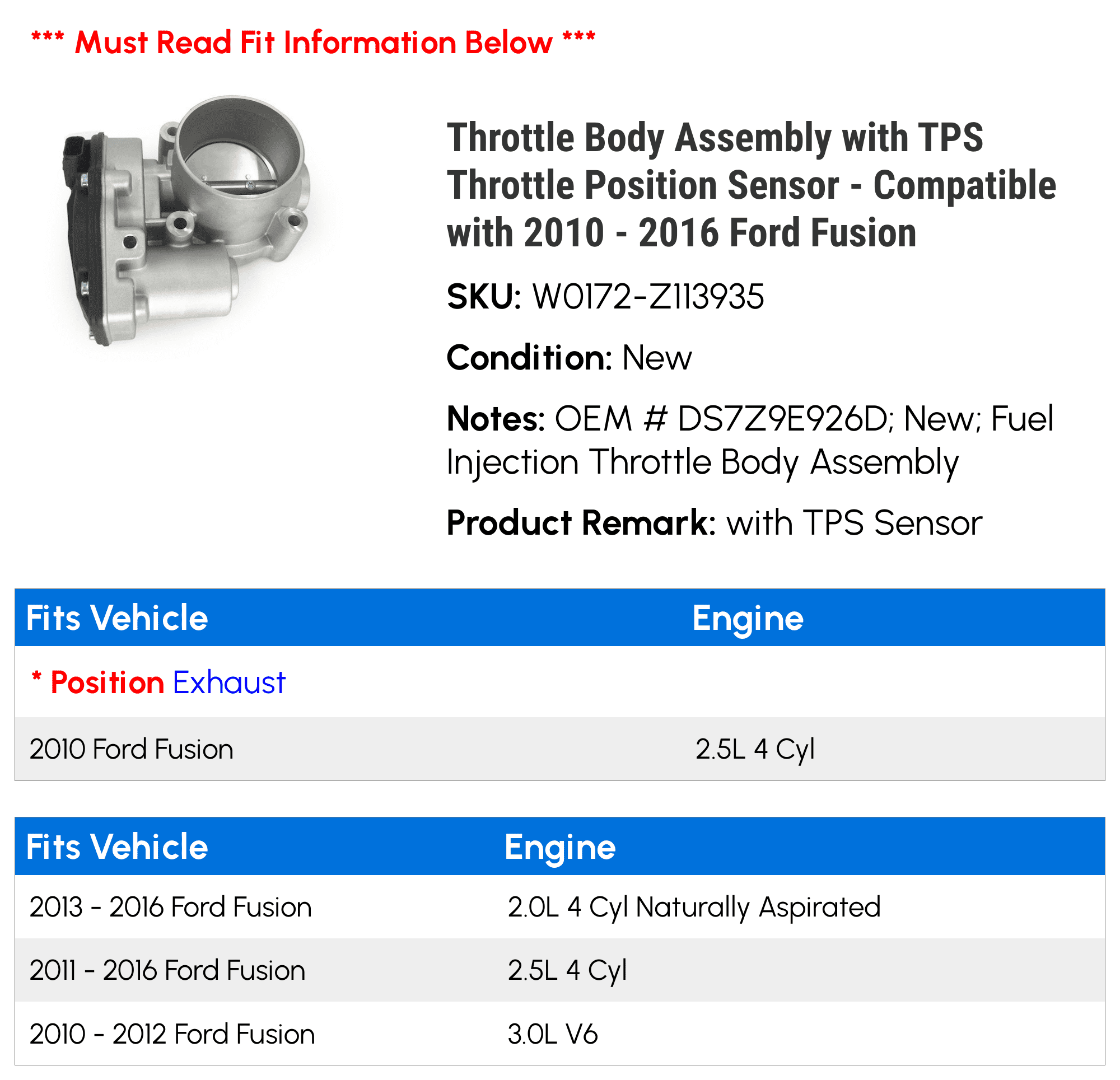 Throttle Body Assembly with TPS Throttle Position Sensor - Compatible with 2010 - 2016 Ford Fusion 2011 2012 2013 2014 2015