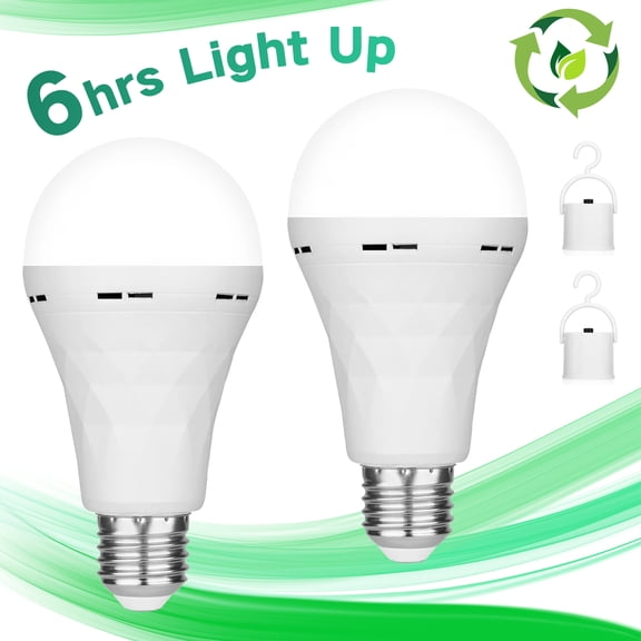 2 Pack Emergency Rechargeable Light Bulbs,Battery Operated Backup Light Bulb for Power Outage Camping Outdoor Hurricane 9W E27 6500K 1200mAh White Equivalent Self-Charging LED Light Bulbs
