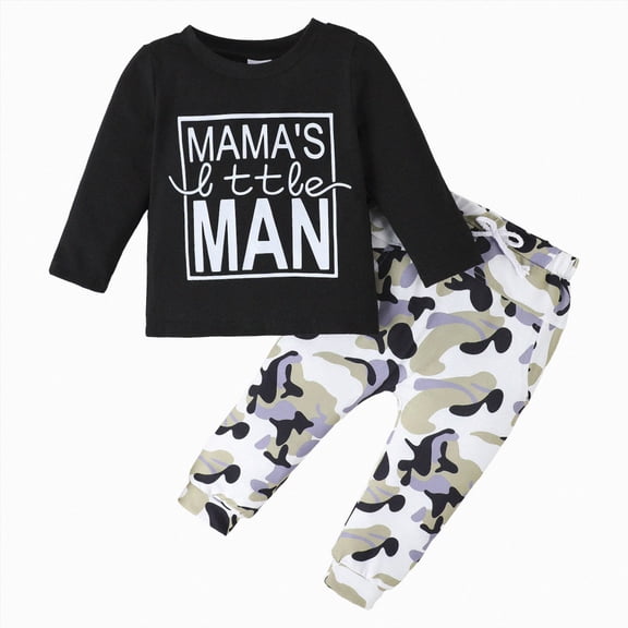 YDFCWXW Baby Boy Clothes Set Toddler Boys Spring Long Sleeve Letter Camouflage Tops Pants 2Pcs (Black, 9-12 Months)