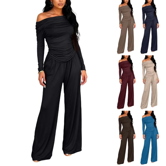 Women's 2 Piece Set, Off Shoulder Long Sleeve Top and Wide Leg Pants, Matching Lounge Sets for Women, Ruching Detail Loose Outfit for Casual Wear, Daily Outfits and Relaxation-Black
