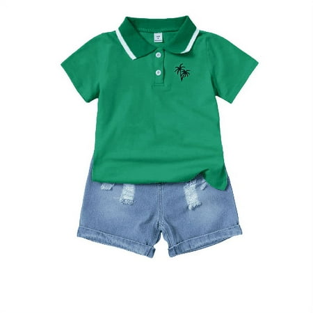 

Mikrdoo 4 Years Toddler Baby Boys Summer Outfits OOTD Coconut Palm Polo Shirt Ripped Demin Shorts 2Pcs Clothes Set Green