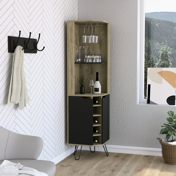 Black   Dark Walnut Corner Bar Cabinet For Dining, Featuring Six Built-in Wine , Two Shelves, And Four Shelves With Door Modern In Elegant Dining Room