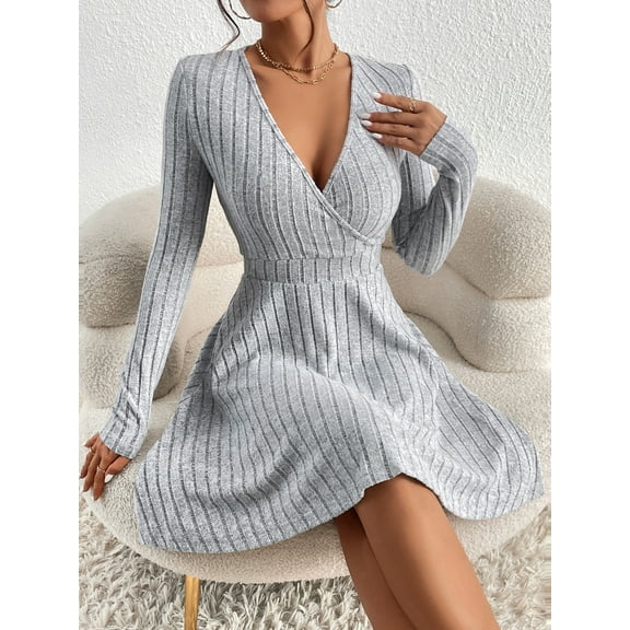 New for autumn/Winter 2025 Women Knit Slim Sexy Bodycon Dress V-Neck Long Sleeve Dress Solid Casual Midi Sweater Dress