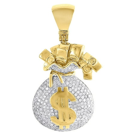 10k Yellow Gold Money Bag Dollar Logo Pendant Genuine Diamond Charm 1 35 Ct