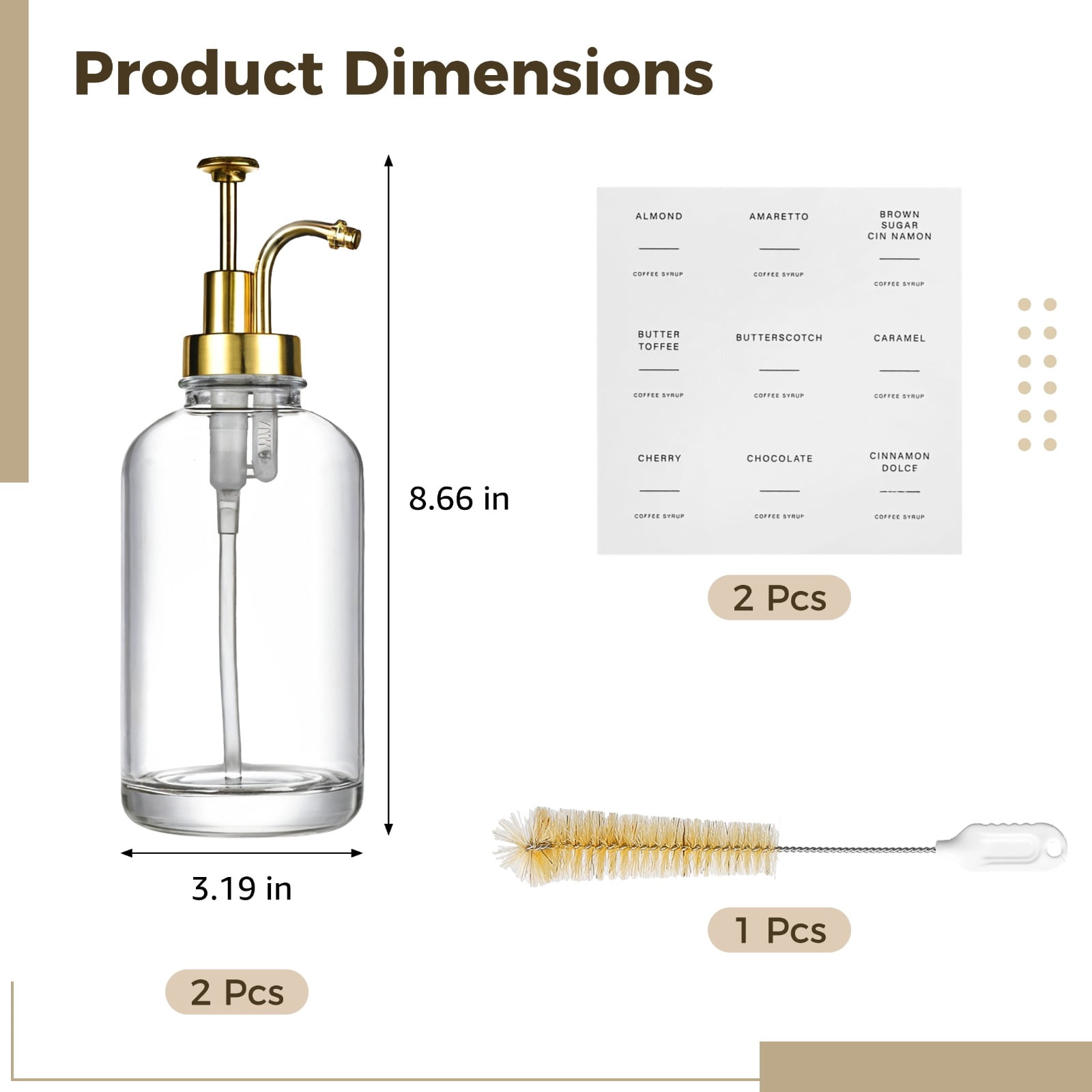 2 Pack Glass Coffee Syrup Dispenser with Pump – 8.66" Tall, Gold Pumps, Includes 2 Labels, Brush & Funnel, for Home Coffee Bar, Homemade Syrups & Beverage Station