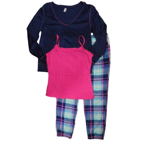 

Junior Womens Blue Plaid 3 Piece Fleece Pajamas Sleep Set with Camisole X-Large