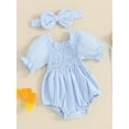 thumbnail image 4 of Musuos Baby Girl Summer Romper 3M 6M 9M 12M 18M Solid Color Puff Sleeve Ruffled Neckline Shirred Jumpsuit with Bow Headband for Infant, 4 of 10