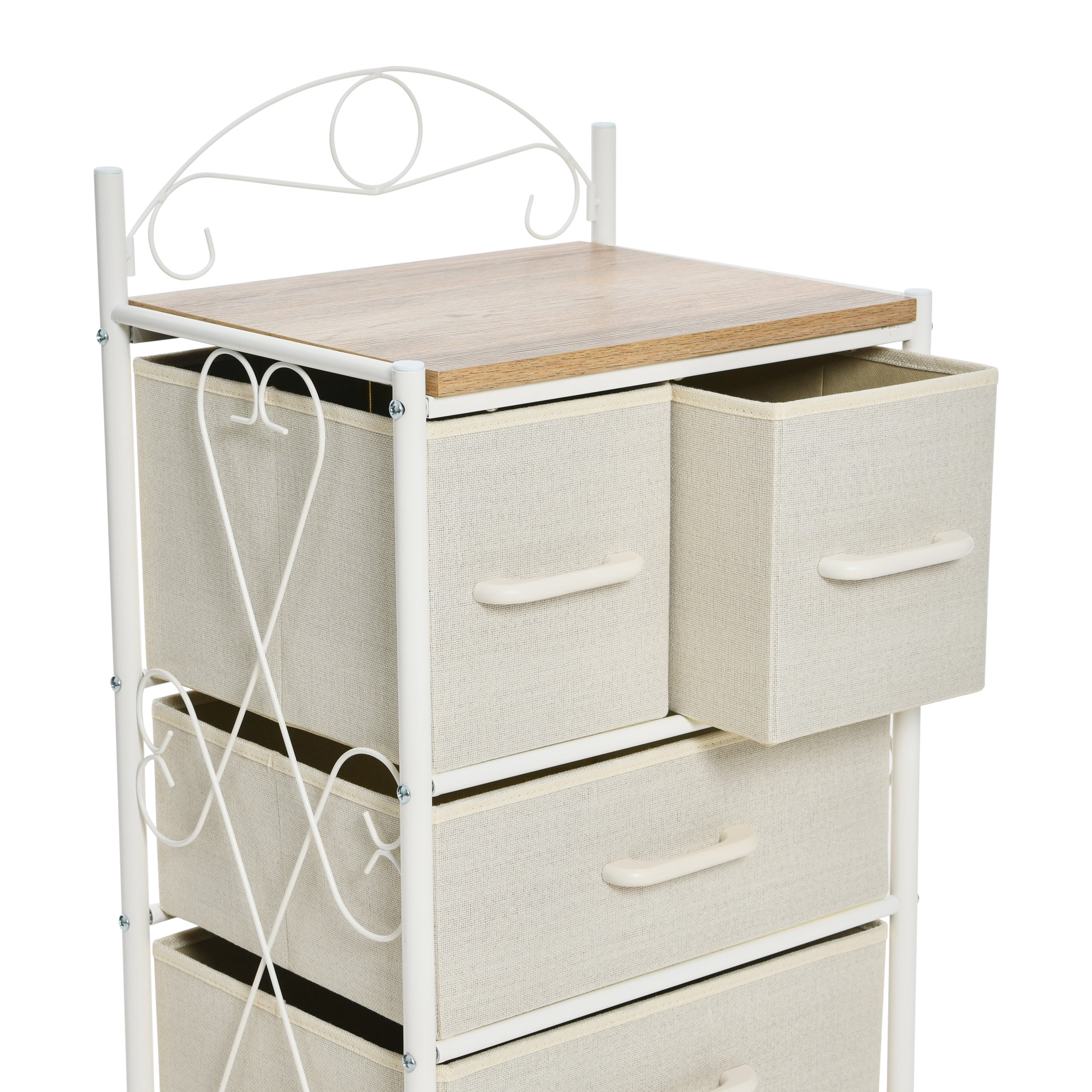 Household Essentials Victoria Dresser Nightstand Storage Organizer with 4 Beige Drawers White Metal Frame and Coastal Oak Rustic Wood Grain Top