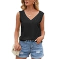 thumbnail image 4 of Camiseta de mujer Sexy Hollow Lace Manga corta Cuello en V Top informal suelto, Negro, XL Speravity AP001247-12, 4 of 7