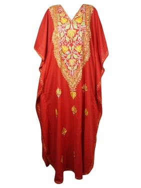 Mogul Women Lipstick Red Kaftan Maxi Dress Boho Loose Floral Embroidery Kimono Sleeves Resort Wear Cover Up Housedress 4XL