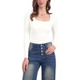 thumbnail image 2 of Women's Square Neck Tops Long Sleeve Shirred Fitted Stretch Casual Basic Blouse L White, 2 of 6