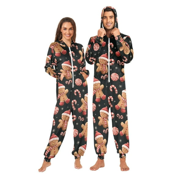 Adult Christmas Onesie Gingerbread Man Surrounded by Candies Zipper One-Piece Pajamas Unisex with Pockets