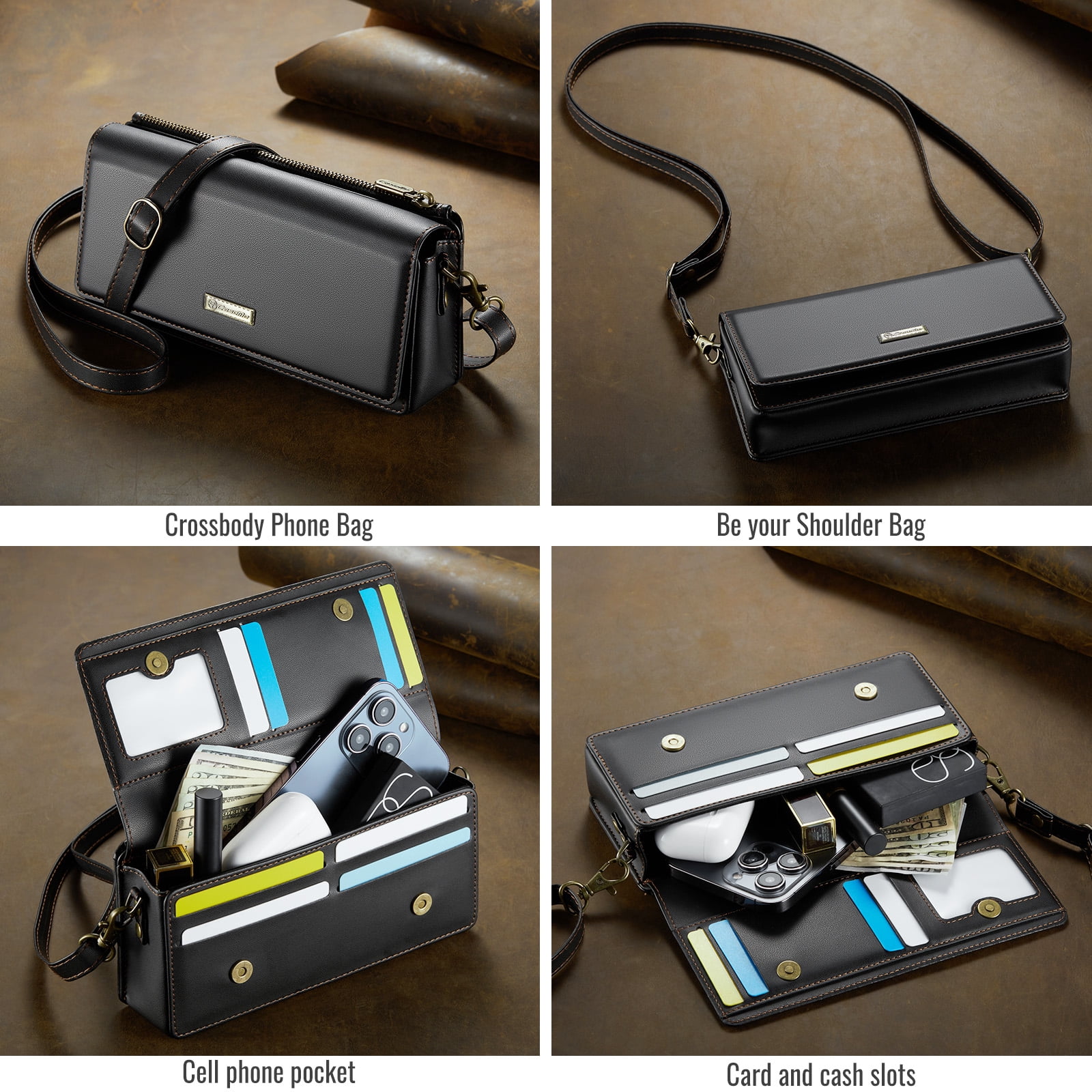 CaseMe Fashion Small Crossbody Bag for Women,Cell Phone Purse Women's Shoulder Handbags Wallet Purse with RFID Blocking Credit Card Slots Zip Small Crossbody Bag Wrist strap/Shoulder strap - Black