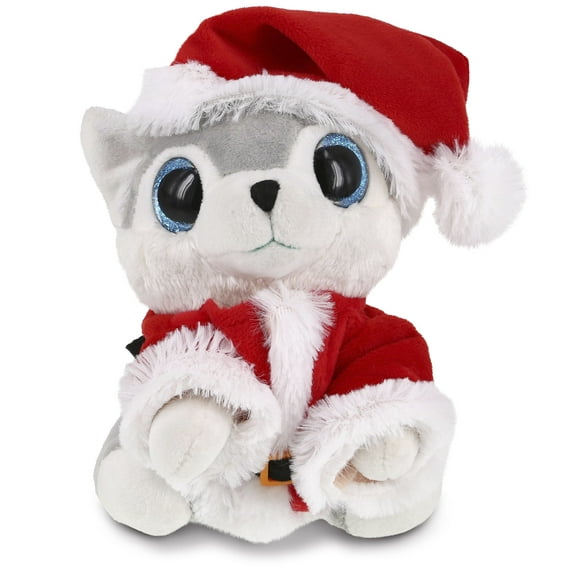 DolliBu Santa Sparkle Eyes Wolf Stuffed Animal Plush Toy - Super Soft Dress Up with Red Santa Claus Outfit, Cute Wildlife Holiday Christmas Gift - 8 Inches