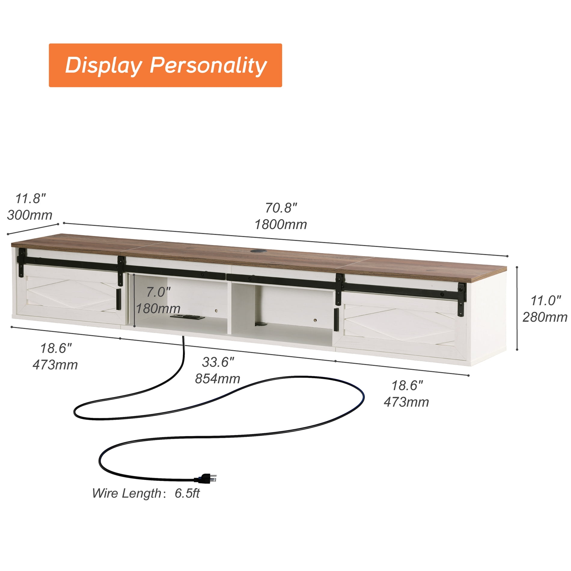 Sliding Barn Door Floating TV Stand with Charging Station，White