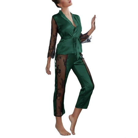 

Colorblock Pant Sets Dark Green 3/4 Sleeve Elegant Women s Pajama Sets