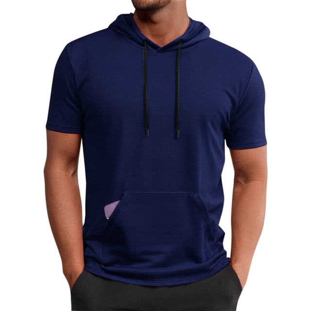 pstuiky camisetas de hombre, Blusa deportiva informal de color liso con capucha y manga corta con cordón y bolsillo para hombre ropa de hombre l