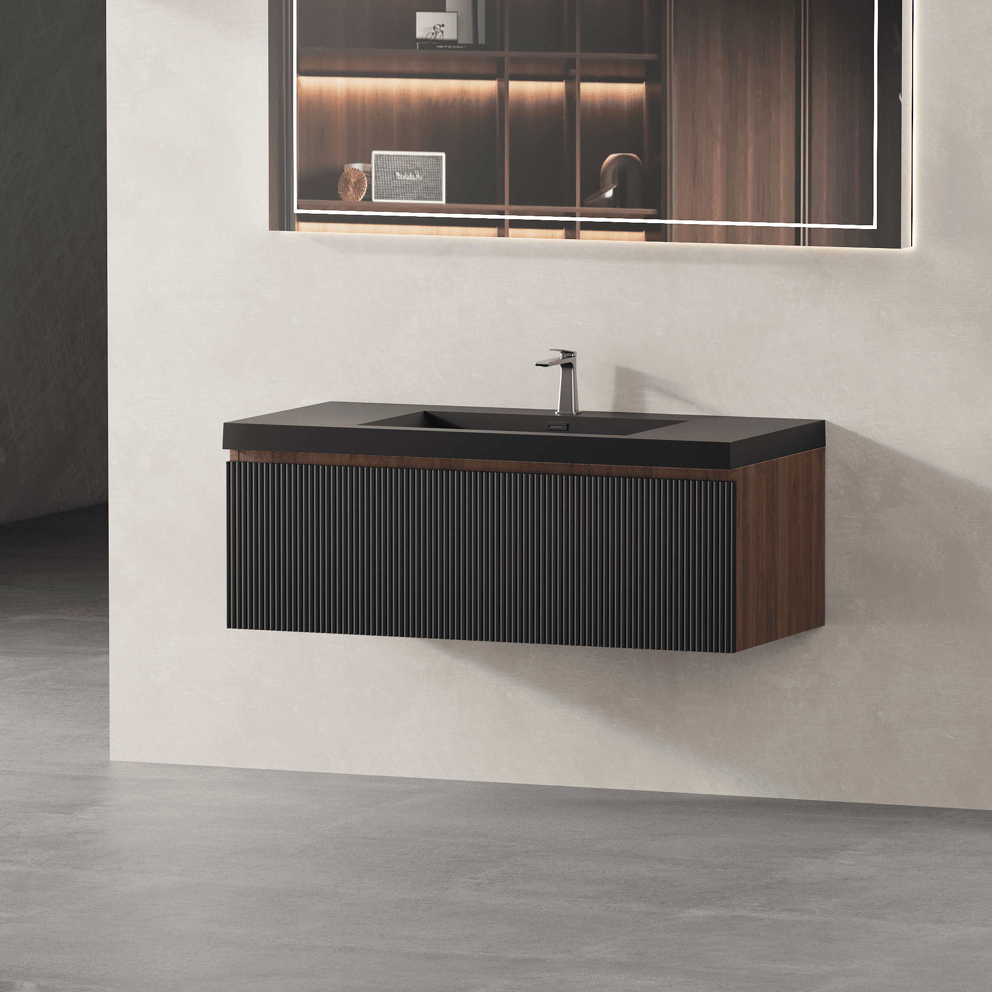Yoneston 42" Floating Bathroom Vanity, Modern Wood Wall-Mounted Striped Bathroom Storage Cabinet with Soft Close Drawer and Glossy White Solid Surface Basin, Black