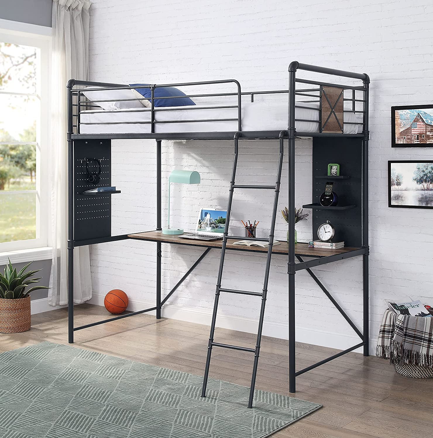 ACME Cordelia Twin Loft Bed w/Desk in Antique Oak, Sandy Black & Dark