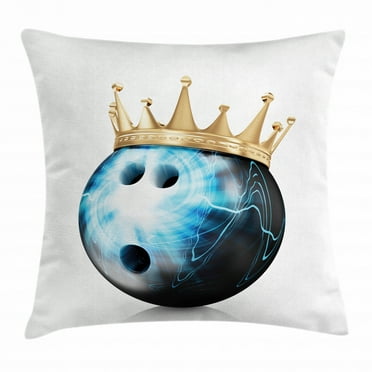 Bowling Party Decorations Throw Pillow Cushion Cover, Crown on Artistic Ball Bowling King Champion Victory, Decorative Square Accent Pillow Case, 18 X 18 Inches, Sky Blue Black Gold, by Ambesonne