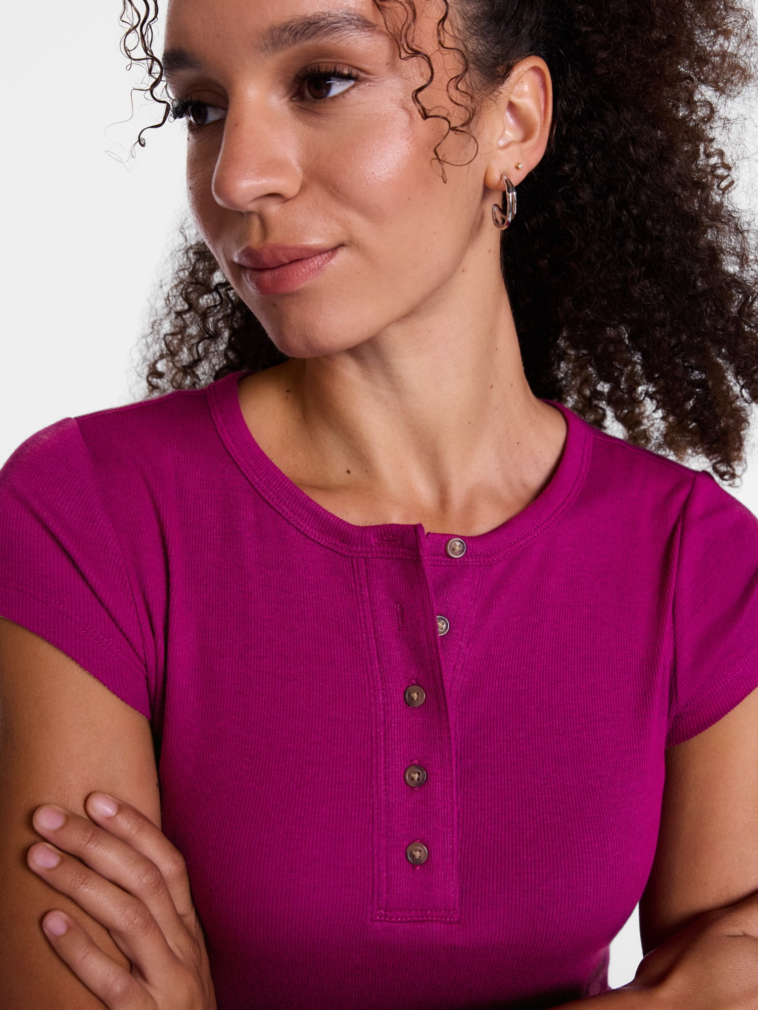 Scenario Women's Rib Henley with Short Sleeves, Sizes XS-XXXL
