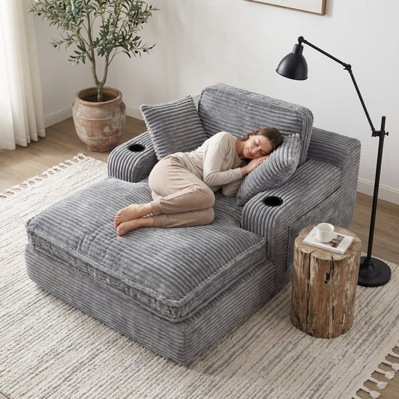EOP 67'' Oversized Chaise Lounge Chair Indoor, Plush Boneless Cloud Couch with Side Pockets & Cup Holders, Comfy Corduroy Sleeper Couch with Removable Pillows for Living Room, Gray