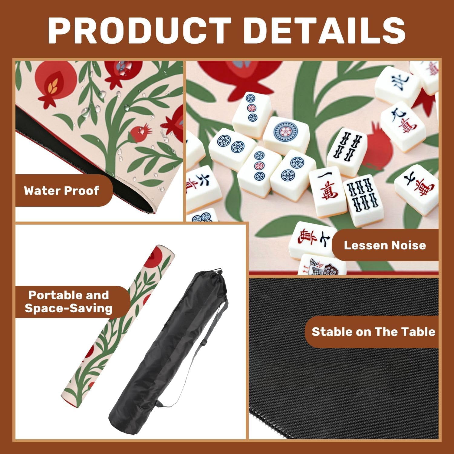 Mahjong Mat with Carrying Bag 31.5" x 31.5" Non-Slip Noise Reduction Pomegranate Tree Folk Art Red Fruits Green Leaves Light Table Mat for Mahjong Poker Dominoes Card Board Tile Games