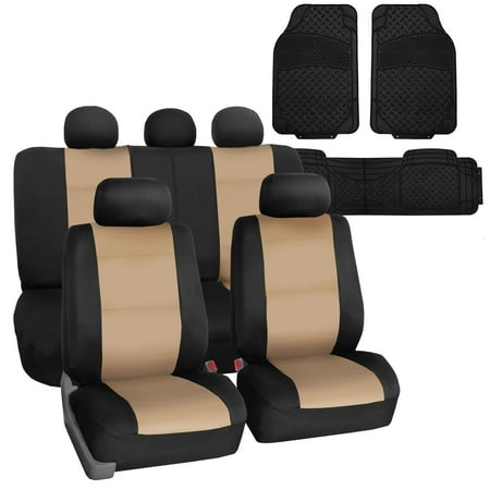 FH Group Universal Waterproof Neoprene Seat Cover Beige w/ Black Heavy Duty Floor Mats