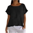 thumbnail image 2 of VBVC Women's Cotton-Linen Ruffle Hem T-Shirt,Ladies Short Sleeve Crew Neck Top,Loose Fit Summer Breathable Blouse For Women,Black,S-2XL, 2 of 8