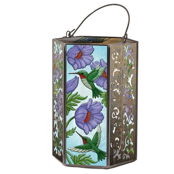 Evergreen Handpainted Embossed Glass and Metal Solar Lantern, Hummingbird and Purple Florals- 6x8x5 in Decorative Outdoor Lighting