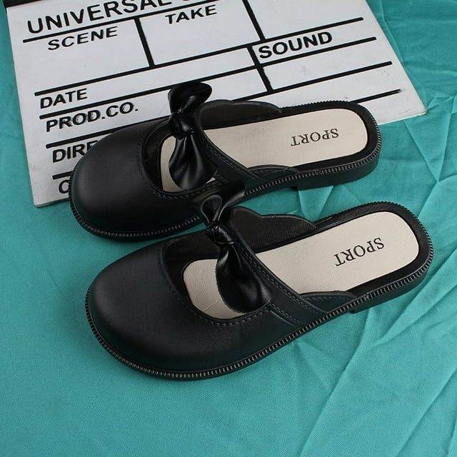 Zapatillas con punta cubierta estilo niña, moda exterior, color liso, pantuflas con lazo, sandalias planas