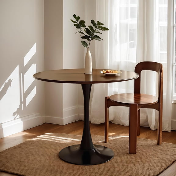 31.5" Walnut Round Dining Table, with Thickened Tabletop and Steel Base, Modern Small Tulip Table for 4, Circle Pedestal, for Dining Room/Living Room/Cafe