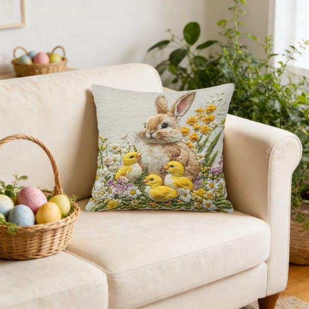 Spring Cute Pet Patterns Imitation Embroidery Cushion Cover Soft Throw Pillow Cover For Sofa And Chair Ideal Choice For Spring Easter Sofa And Bedroom Decor