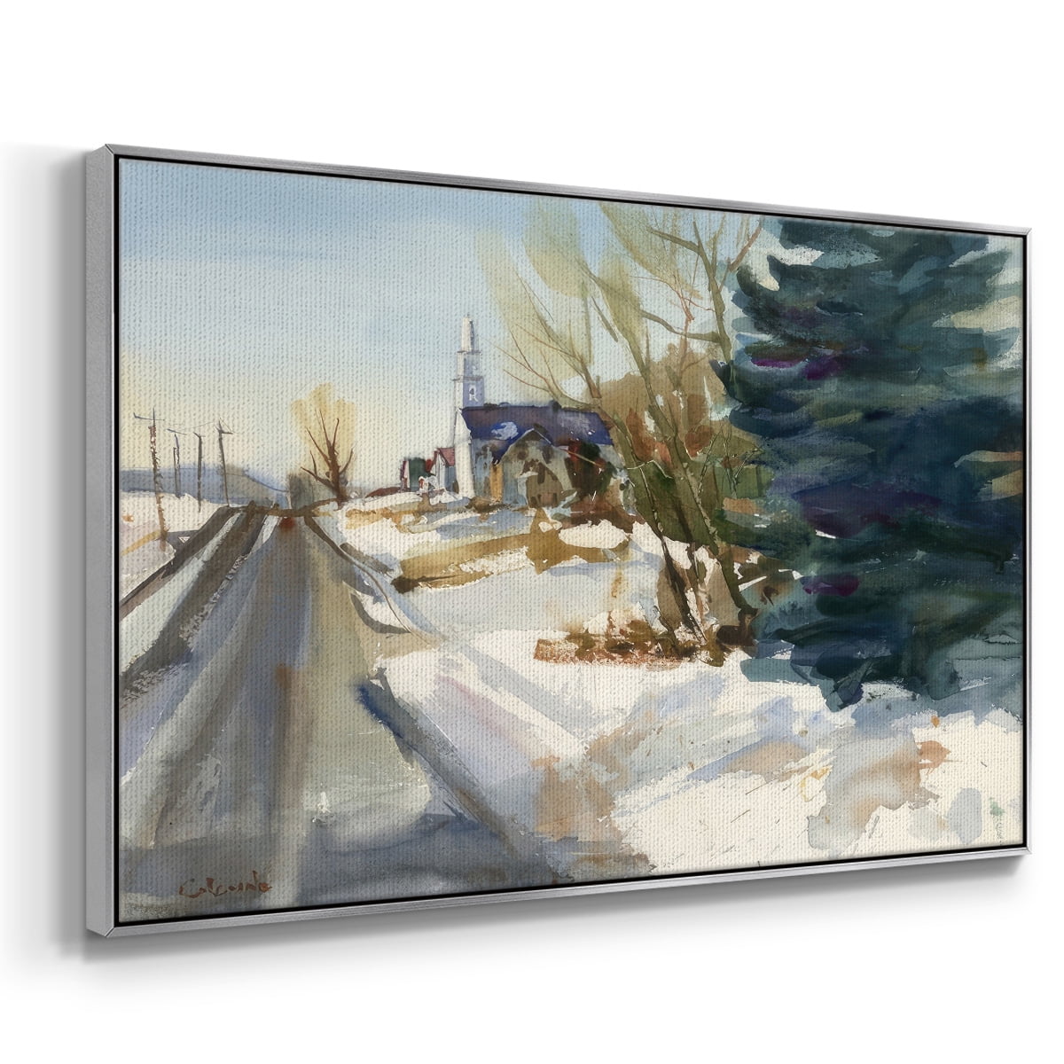 Congregational Church in Winter - Framed Gallery Wrapped Holiday Canvas - 25 x 37 - Silver Frame