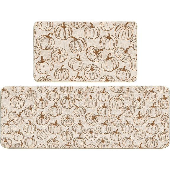 Fall Pumpkins Kitchen Rugs and Mats Set of 2, Farmhouse Kitchen Decor Anti-Fatigue Mats for Floor Decorations for Home, Fall Pumpkins Line Rug Washable Home 17"x27"+17"x47"