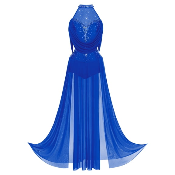 SiiRoh Women Halter Sleeveless Rhinestones Mesh Modern Lyrical Dance Leotard Dress Stage Performance Dancewear Royal Blue XL