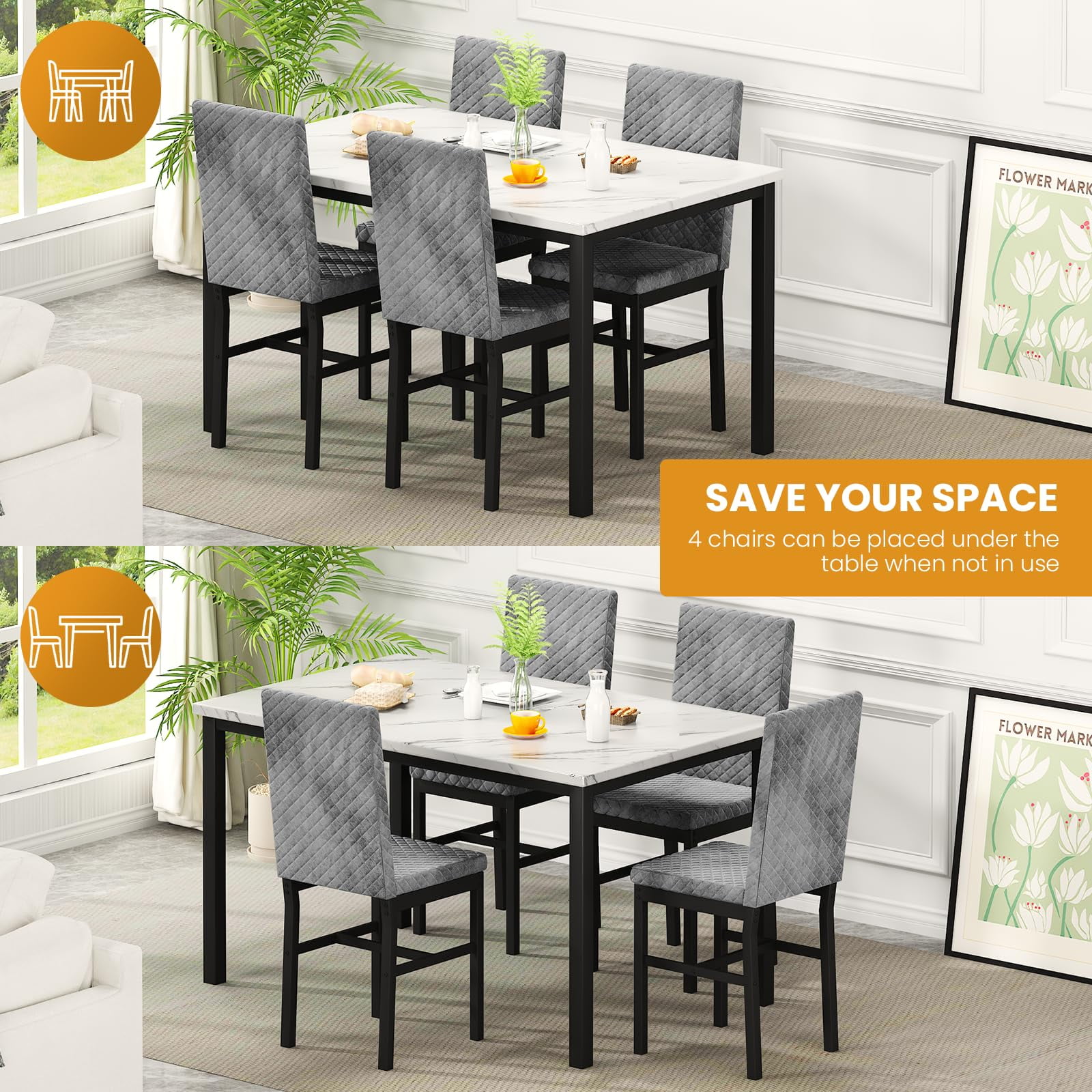 Lamerge Marble Kitchen Table Set with 4 Upholstered Velvet Chairs for Home Kitchen, Living Room, Dining Room, White and Gray