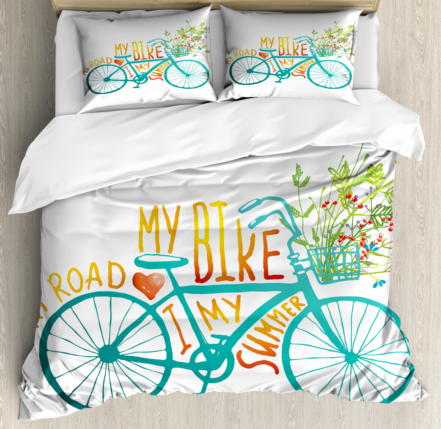 Bicycle Duvet Cover Set, Vintage Summer Bike A Floral Bouquet Cute