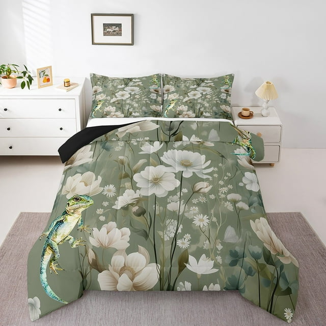 YST Chic Floral King Bedding Sets for Child Lizard Comforter Set, Tropical Plant Leaves Duvet Insert Botanical Theme Down Comforter, Rustic Vintage Bedding Comforter Sets