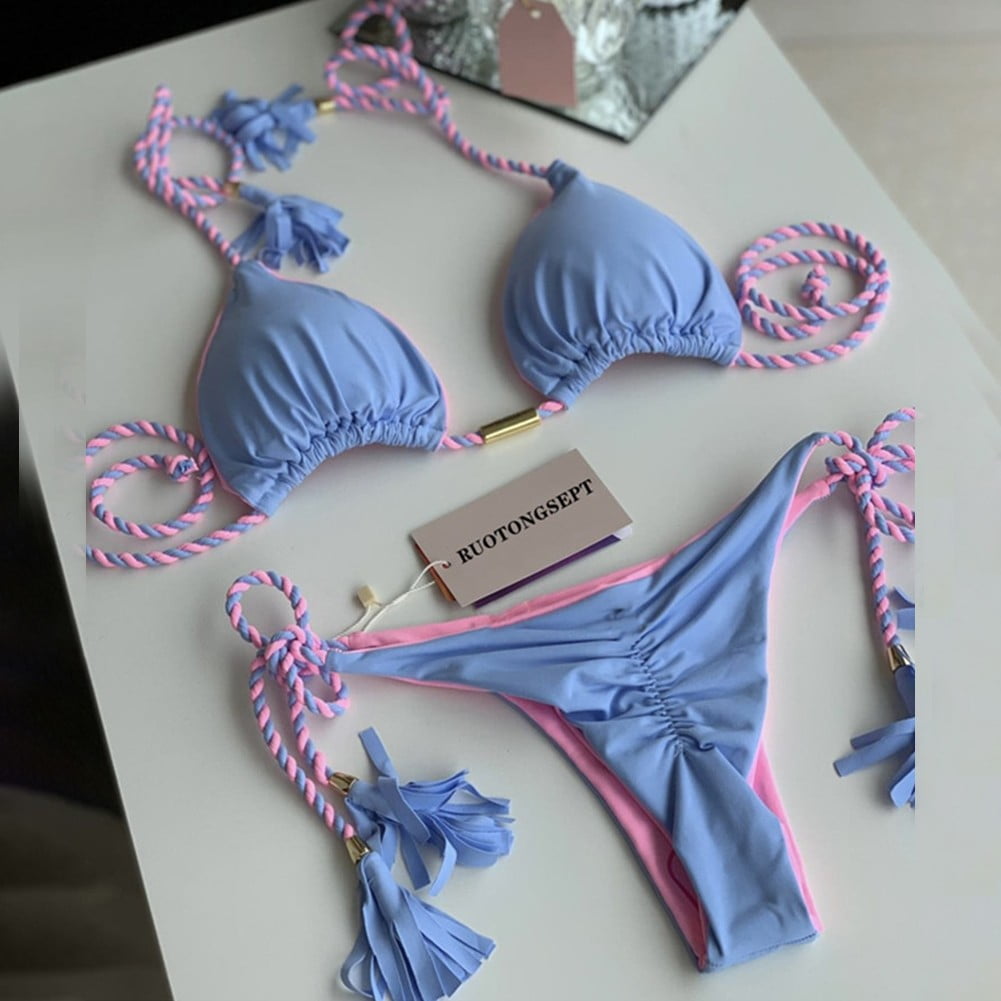 Plus Size Women Sexy Push Up Bikini Set Braided String Swimwear Ruched