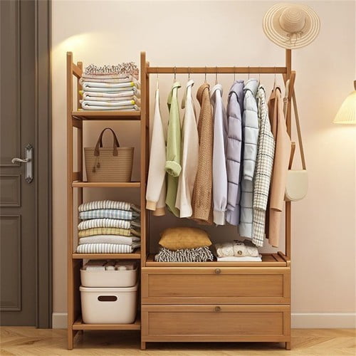 ShadeMart Bamboo 39" W Clothingt Hanging Rack Storage Shelves With Door