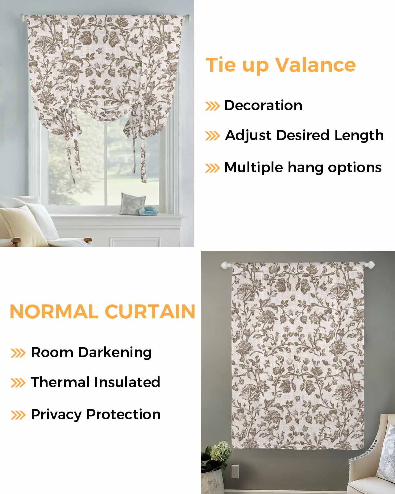 Farmhouse Brown Tie Up Curtains for Window, Thermal Insulted Balloon Shade Adjustable Rod Pocket Curtains Valance Panels for Kitchen Bathroom Cafe 42 x 45 Vintage Flower Leaf Botanical Plant
