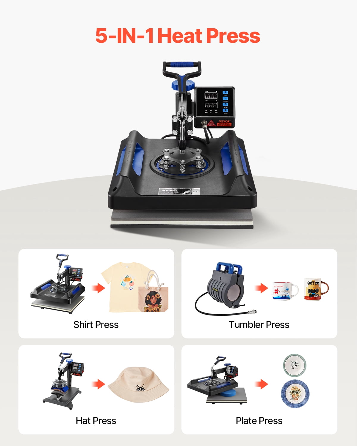 VEVOR Heat Press, 15x15in Swing Away 5 in 1 Heat Press Machine, Digital Control Multifunctional Device, Quick Heating with Safety Features, Ideal for T-shirts, Hats, Caps, Mugs, Plates